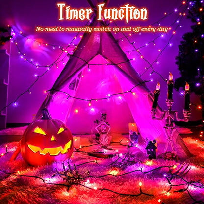 Halloween Lights String Total 100LED Battery Operated Outdoor 8 Modes with Timer 16.4Ft*2, 50LED*2 Waterproof Fairy Lights Indoor for Halloween Decor, Orange&Purple, 2-Pack