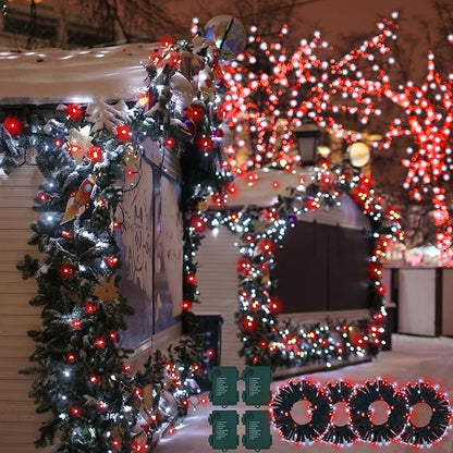 4 Pack Red White Christmas Lights Battery Operated 16.4Ft 50 LED Wreath String Lights Auto Timer Candy Cane Battery String Lights 8 Modes Green Wire Xmas Decor for Christmas Tree Garland
