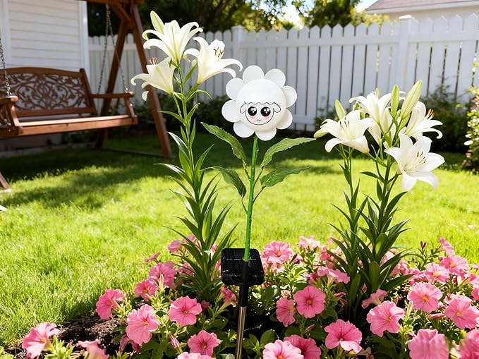 Personified Bobble Face Wind Spinners Sunflower Solar Fairy Light Outdoor with Funny Sheep Face - Garden Decor, Waterproof Auto-On/Off Pathway, Lawn, Yard Stake Light for Decorations - Single Pack
