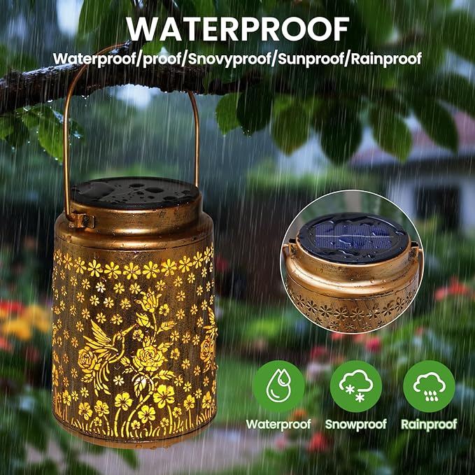2 Pack Solar Lanterns Outdoor Waterproof Hummingbird Garden Decor Gift for Women, Mom, Grandma, Metal LED Decorative Hanging Light for Yard, Patio, Lawn