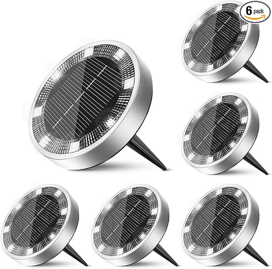 6 Pack Solar Ground Lights Outdoor, 8 LED Mini Flat Solar Disc Lights, IP65 Waterproof Pathway Lights Solar Powered, Landscape Lighting for Garden Walkway Driveway Pathway Yard Lawn,Cool White