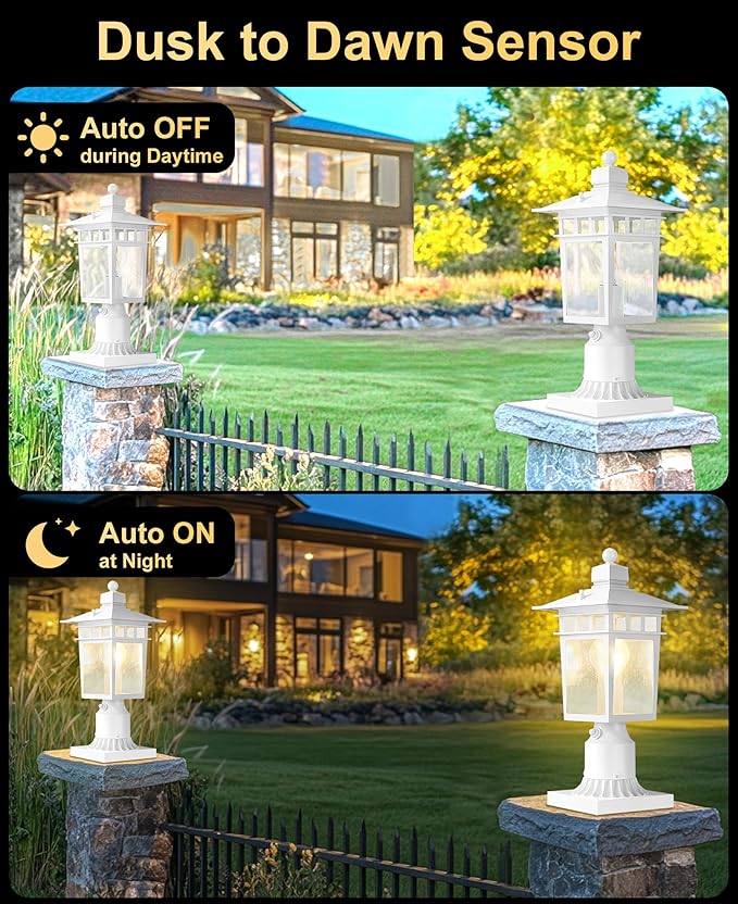 Dusk to Dawn Outdoor Post Lights, Waterproof Lamp Post Light Fixture, Aluminum Lamp Posts Outdoor Lighting Pole Lantern for Outside Yard Patio Pathway Garden Deck, Hard Wired (2 Pack, White)