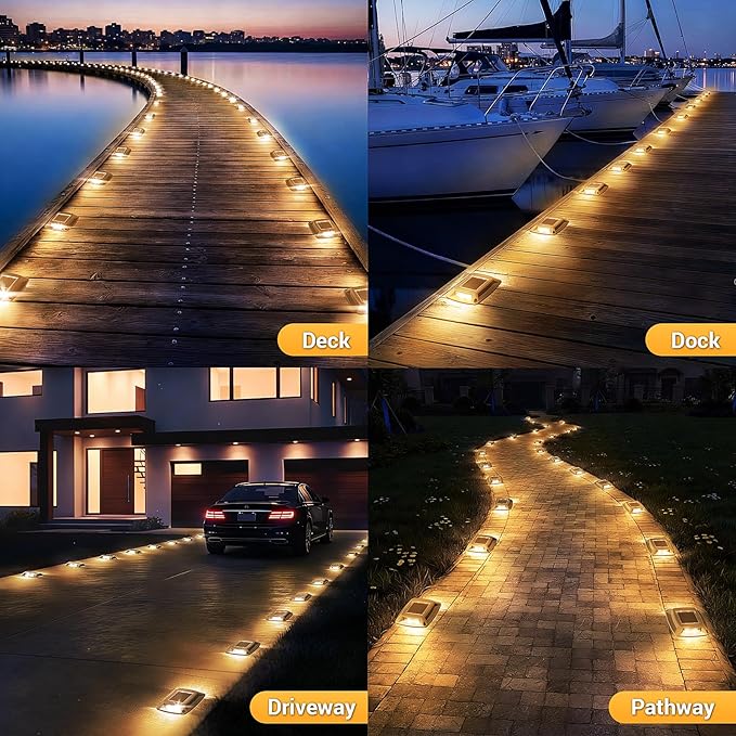 Solar Driveway Lights 10 Pack, Solar Powered IP68 Waterproof Dock Lights, 4 LED Driveway Markers Deck Light for Dock, Pathway, Walkway, Sidewalk, Garden, Yard, Stair, Marine Use (Warm)