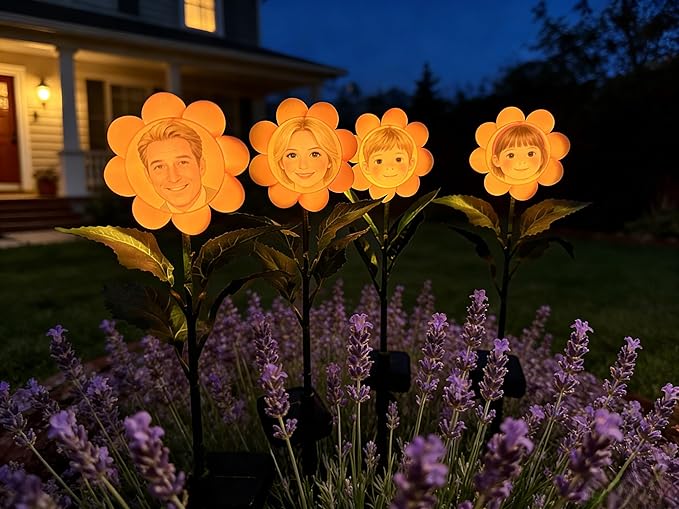 Customizable 4 Pack Bobble Face Wind Spinners Sunflower Fairy Light Pinwheels Solar Light Outdoor - Garden Decor, Waterproof Auto-On/Off Pathway, Lawn, Yard Stake Light Windmill