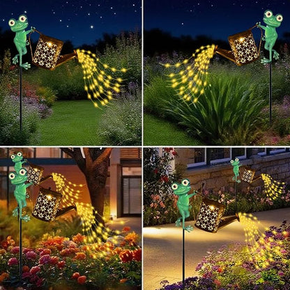 Solar Watering Can with Cascading Lights Outdoor Garden Decor, Frog Shaped Hook Gardening Gifts for Mom Women Grandma Birthday, Solar Lights for Garden Decorations Patio Yard Lawn Backyard