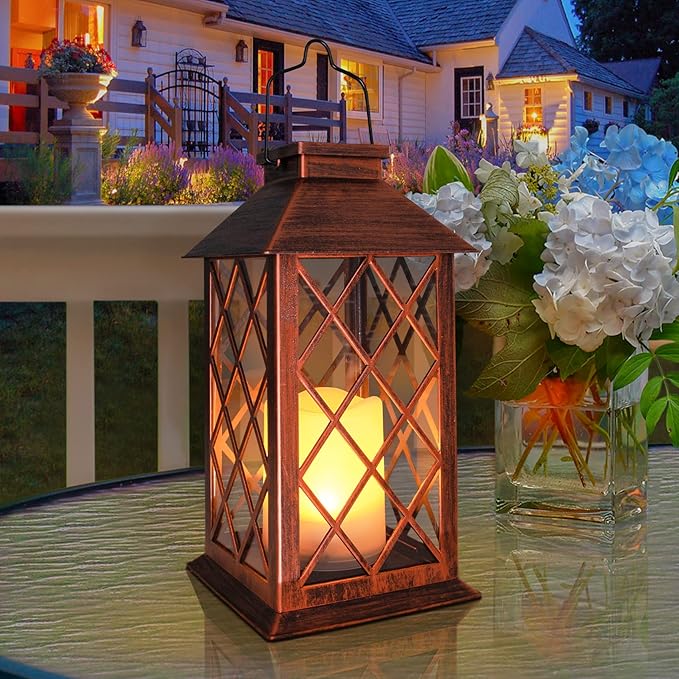 [2 Pack] TAKE ME 14" Solar Lantern Outdoor Garden Hanging Lantern Waterproof LED Flickering Flameless Candle Mission Lights for Table,Outdoor,Christmas Gifts Mom Wife