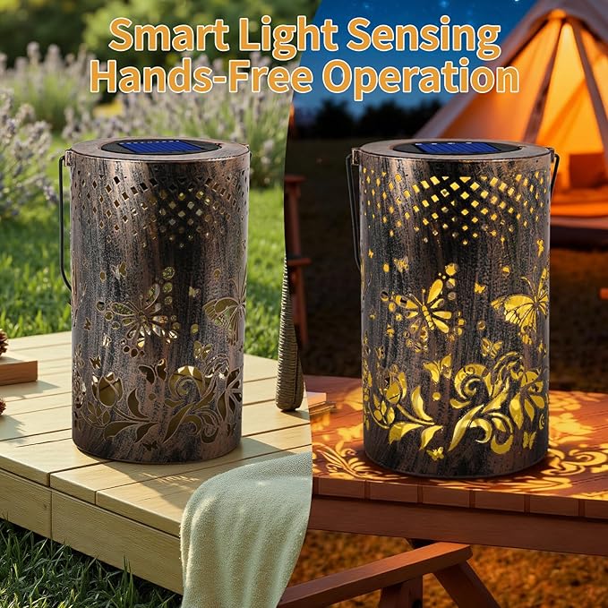 Outdoor Solar Garden Lights: Solar-Powered Yard Patio Hanging Decoration Lanterns with Handle, Outside Waterproof Decorative Lamps with Dynamic Dragonfly Pattern (Butterfly)