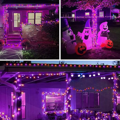 Purple and Orange Halloween Solar String Lights Outdoor, 2 Pack 80FT 200LED Solar Twinkle Lights Outside Waterproof, Copper Wire 8 Modes Lights for Halloween Decoration Outdoor