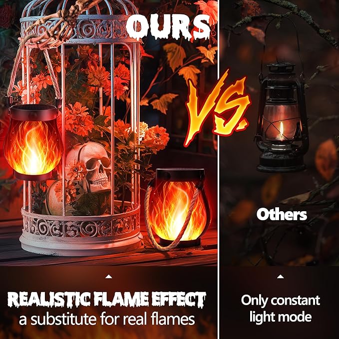 Solar Flame Lantern Hanging Outdoor Waterproof - 2 Pack Flame Lanterns with Dual Charging Modes of Solar & USB for Garden or Yard Decorations (Red - 2 Pack)