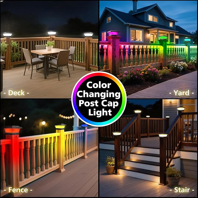 T-SUN 4X4 Post Solar Lights, Outdoor Waterproof RGB Color Changing Light for 4X4 5X5 6X6 Wood/Vinyl/Fence Posts, Deck, Solar Post Lights for Patio Garden Decor or Fence(6 Pack)
