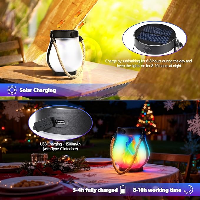 Christmas Solar Flame Lantern Hanging Outdoor Waterproof - Dancing Flame Lanterns with Dual Charging Modes of Solar & USB for Garden or Yard Decorations (Multicolor - 1 Pack)