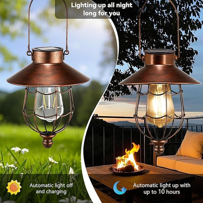 Solar Lanterns Outdoor Hanging Metal Vintage Lantern Warm White Solar Lights lamp Waterproof Edison Bulb Design for Pathway Garden Patio Yard Tree Decoration (Copper)