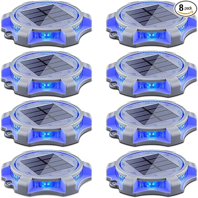 SIEDiNLAR Solar Deck Lights Outdoor 2 Modes LED Driveway Markers Dock Light Waterproof for Step Walkway Ground Stair Pathway Yard Road Garden 8 Pack (Blue/Red)
