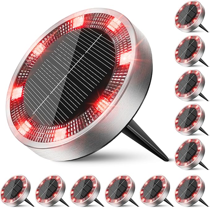 12-Pack Solar Ground Disk Lights, Red Waterproof LED