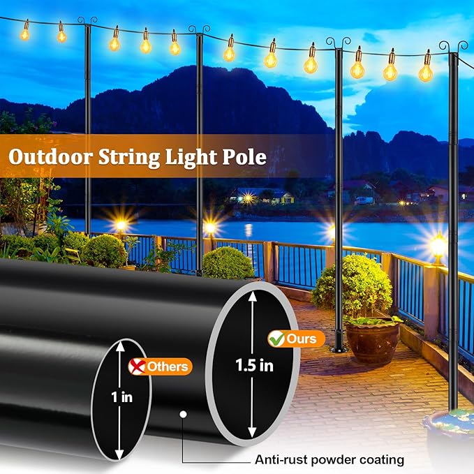 COCONUT String Light Poles for Ground, 8FT Heavy Duty Adjustable Metal Poles for Outdoor String Light Hanging with Flange Base, Backyard, Garden, Patio, for Party (2 Pcs)