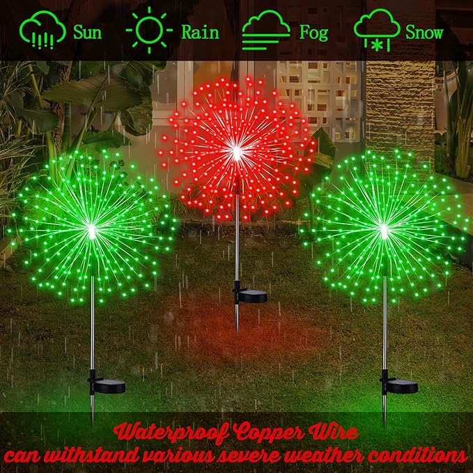 6 Pcs Christmas in July Solar Firework Stake Lights 180 LED 8 Modes Solar Waterproof LED Sparkler Lights Outdoor Decoration for Garden Patio Yard Pathway Walkway Lawn (Red, Green)