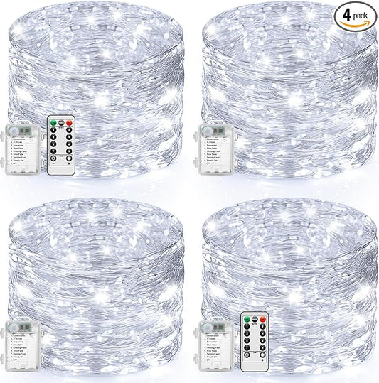 4 Pack 33FT 100 LED Fairy Lights Battery Operated with Timer & Remote, Waterproof Twinkle Lights Indoor Outdoor, 8 Modes Fairy String Lights for Bedroom Classroom DIY Wedding Decorations, Cool White