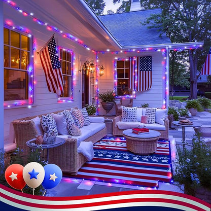 JMEXSUSS Red White and Blue Lights Outdoor Indoor, 2 Pack 100 LED 4th of July String Lights Battery Operated Waterproof for Patriotic Decoration Outside House Garden Tree