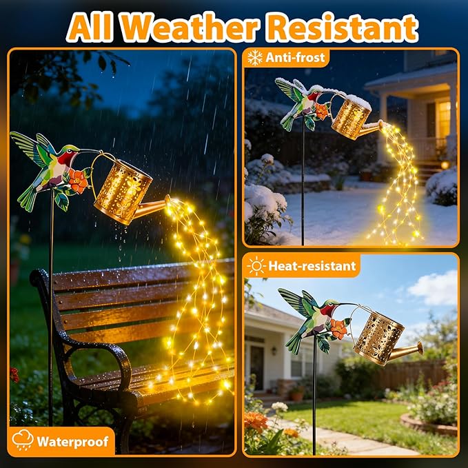 Solar Watering Can with Cascading Lights Outdoor Garden Decor 2026 New Hummingbird Shaped Solar Lights Outdoor Waterproof Solar Garden Lights Yard Decorations Outdoor for Mom Family Holidays Gift