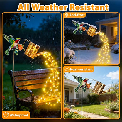 Solar Watering Can with Cascading Lights Outdoor Garden Decor 2026 New Hummingbird Shaped Solar Lights Outdoor Waterproof Solar Garden Lights Yard Decorations Outdoor for Mom Family Holidays Gift