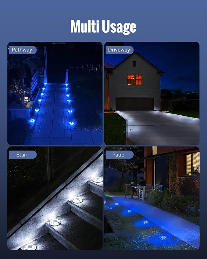 Solar Driveway Lights Dock Lights Waterproof 4 Pack, 2 Colors in 1, LED Solar Deck Lights for Outside, Solar Powered Ground Lights for Warning Driveway Stair Step Pathway(Blue & White)