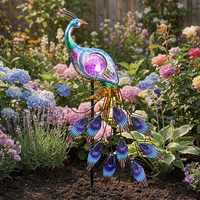 TERESA'S COLLECTIONS Solar Garden Lights Outdoor Garden Decor, Metal Peacock Decorations for Yard, 33'' Purple Decorative Garden Stake for Outside with Crackle Glass Ball, Lawn Party Gifts for Mom