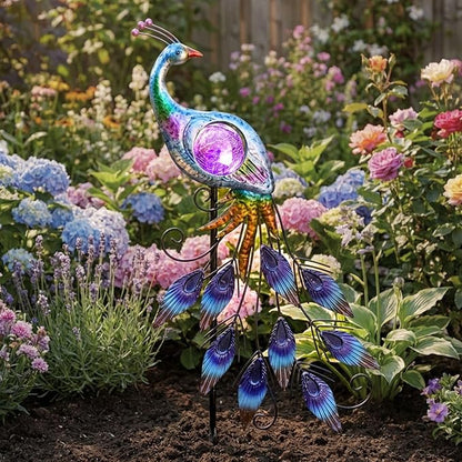 TERESA'S COLLECTIONS Solar Garden Lights Outdoor Garden Decor, Metal Peacock Decorations for Yard, 33'' Purple Decorative Garden Stake for Outside with Crackle Glass Ball, Lawn Party Gifts for Mom