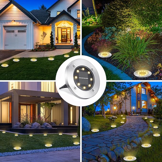 8-Pack Warm White Flat Solar Landscape Lights, Waterproof LED