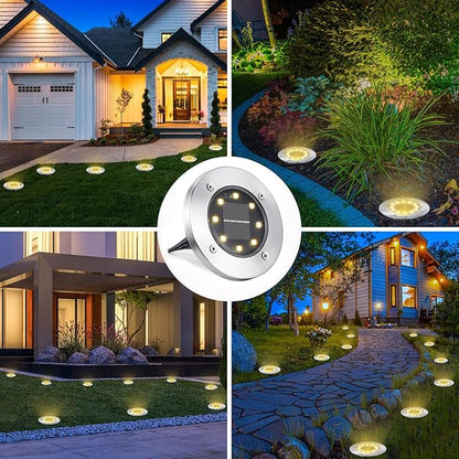 LYHOPE Solar Ground Lights Outdoor, 8 Pack 8 LED Solar Disk Lights Waterproof Garden In-ground Pathway Light Landscape Lighting for Lawn,Yard,Deck,Patio,Walkway (Warm White)