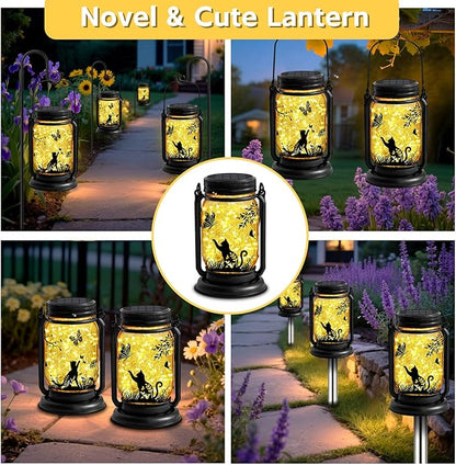 Cat Solar Lanterns 3-in-1 Outdoor Waterproof - Birthday Gifts for Cat Lovers Women Mom Christmas, Mason Jar Hanging Lanterns with Stake, Garden Decor Lights for Patio Yard Balcony Decorations