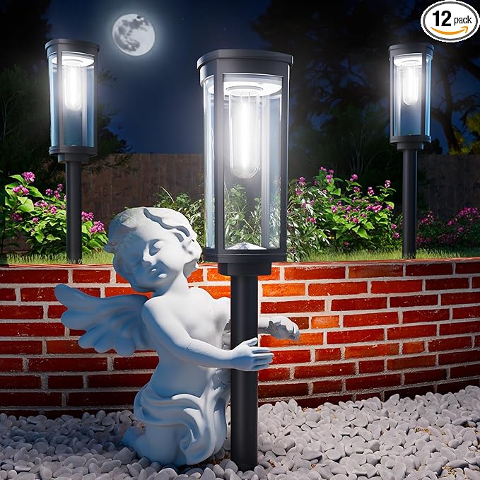 Solar Pathway Lights Outdoor, Bright Solar Lights Outdoor, IP65 Waterproof Landscape Lighting for Yard Patio Walkway Driveway Pathway (Cool White (Cylinder), 12 Pack)