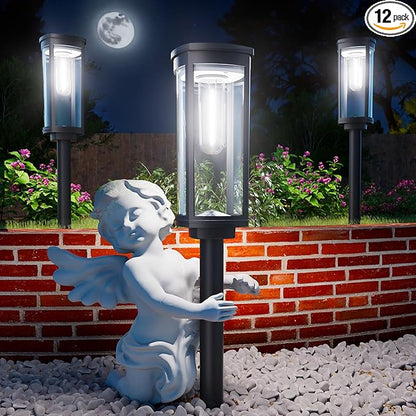 Solar Pathway Lights Outdoor, Bright Solar Lights Outdoor, IP65 Waterproof Landscape Lighting for Yard Patio Walkway Driveway Pathway (Cool White (Cylinder), 12 Pack)