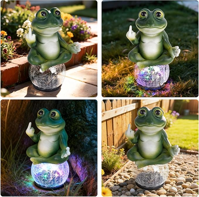 Funny Meditating Frog Garden Statue - Outdoor Statues & Yard Art for Patio Backyard - Sassy Zen Frog Statue with Solar Lights - Unique Birthday Gifts for Mom Grandma & Gag Gift for Friends