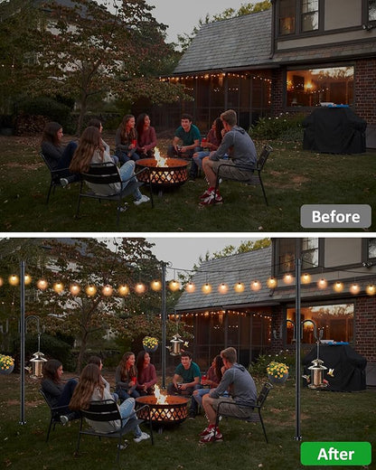 1.5 Inch Heavy Duty String Light Poles with 16.9” Spiral Ground Anchor - for Patio, Deck & Holiday Lighting, 8.5FT Adjustable Outdoor Post, Easy Screw-in Installation, Decorative Scroll Top & Hooks