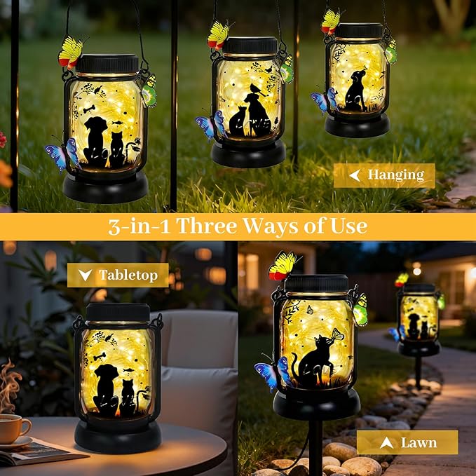 Dog Solar Lanterns Outdoor Garden Solar Dog Lights Dog & Cat Lover Gifts for Women Mom Grandma, Butterfly Fairy Lights Waterproof Hanging Mason Jar Lamps (Dog Cat Butterfly)