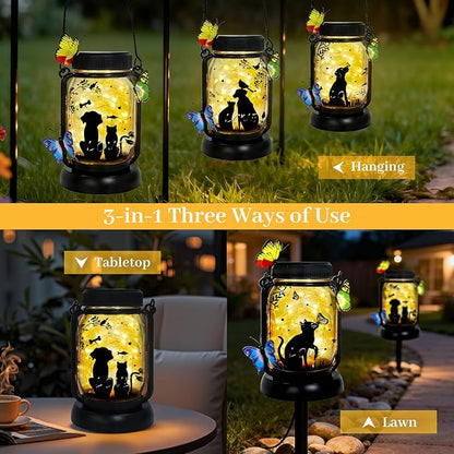 Dog Solar Lanterns Outdoor Garden Solar Dog Lights Dog & Cat Lover Gifts for Women Mom Grandma, Butterfly Fairy Lights Waterproof Hanging Mason Jar Lamps (Dog Cat Butterfly)