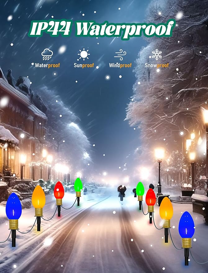 C9 Christmas Pathway Stake Lights, 7Ft String Lights with 4 Jumbo C9 Multicolor LED Bulbs, Stake, Christmas Decorations for Outdoor Garden Walkway
