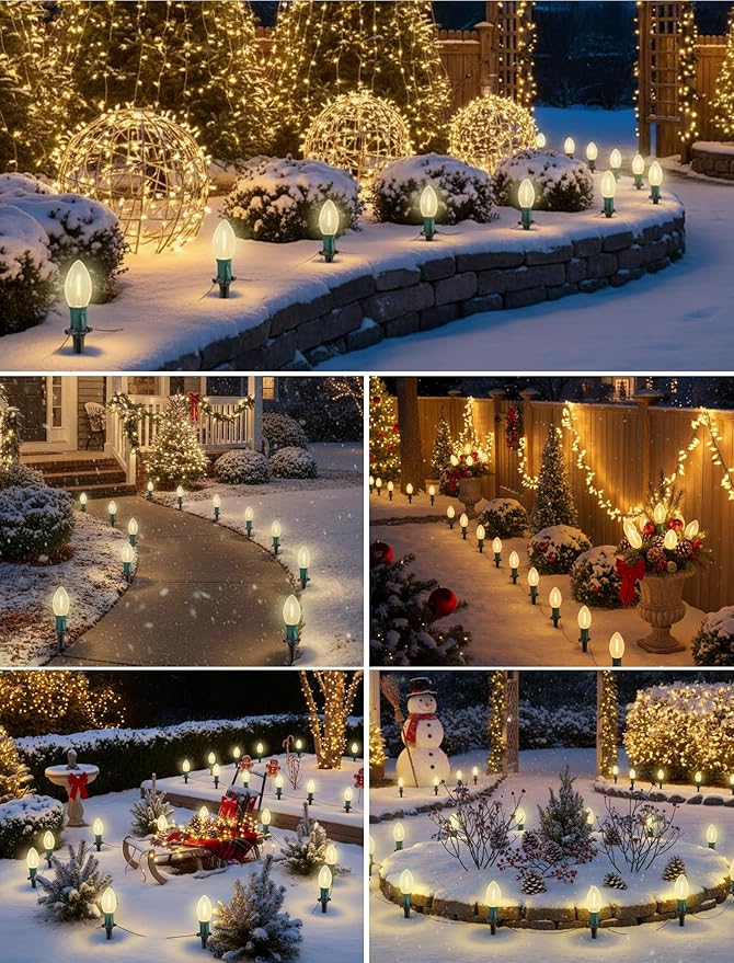 38FT LED Outdoor Christmas Pathway Lights,25 Warm White Extendable Waterproof Christmas Walkway Lights with C9 LED Bulbs and Stakes for Walkway Backyard Snowfield Xmas Decorations