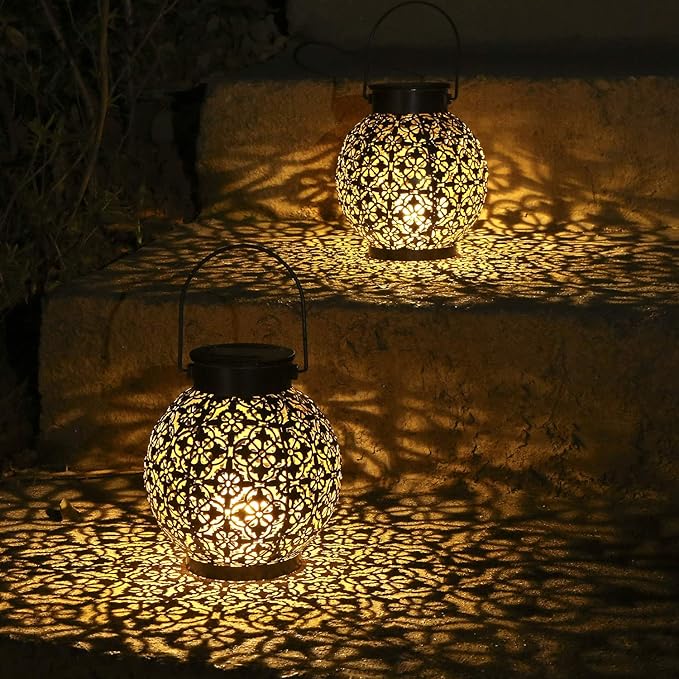 Solar Lanterns Outdoor Hanging Solar Lights Decorative Garden Lights Metal Waterproof Table Lamp for Patio Porch Backyard Pathway (2 Pack)