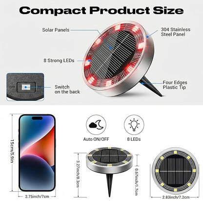 Peasur Mini Solar Ground Lights Outdoor, 8 Pack Flat Solar Powered Disc Lights, IP68 Waterproof, Anti-Rust, Landscape Lighting for Pathway Garden Yard Lawn Walkway Landscape Driveway, Red