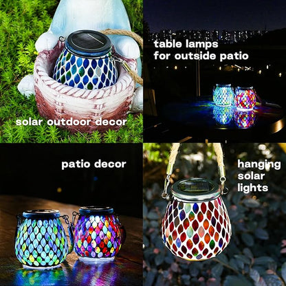 2 Pack Mosaic Blue Solar Lanterns, Outdoor Glass Hanging Lights, Waterproof, Solar Table Lamps, Christmas Gifts for Women Mom Grandma, Night Lights, Decoration for Garden, Patio, Yard, Outdoor Decor