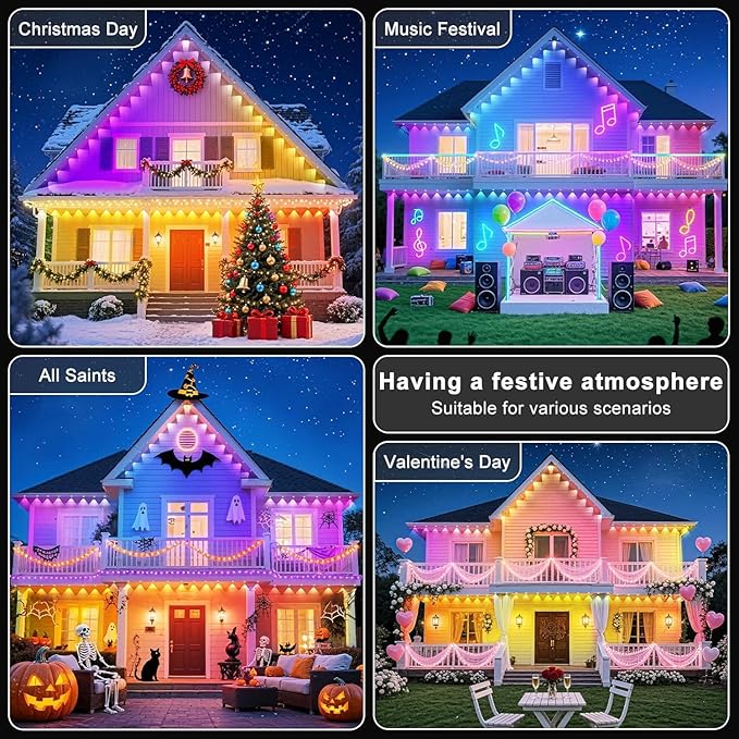 Permanent Outdoor Lights 100 FT Patio Lights,100ft RGB+IC Smart Outdoor Decor, 50 Scene Modes App/Remote Control, IP67 Waterproof for Christmas Holiday Party Decor for Garden House Roof Lighting