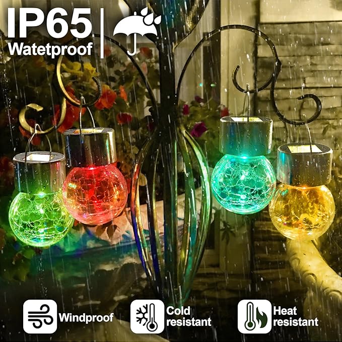 Solar Hanging Lanterns Outdoor: 12 Pack Cracked Glass Ball Lights with Hook - Waterproof Color Changing Globe Decorative Garden Tree Fence - Gardening Holiday Gifts for Women