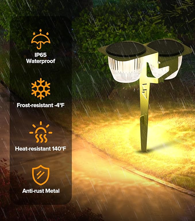 Solar Pathway Lights Outdoor, Dual Head Pathway Lights, Brighter 500 lumens with 2-in-1 Solar and USB Charging Modes, IP65 Waterproof, Garden Lights for Lawn Patio Walkway, Green-2 Pack