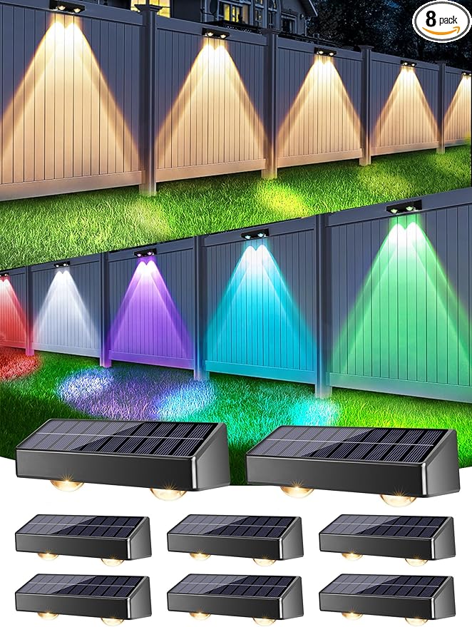 Brizled Solar Fence Lights Outdoor, 8 Pack 9 Colors & 11 Modes - Warm White/Cool White/RGB Color Changing Solar Wall Lights, 100lm IP65 Waterproof Outdoor Lighting for Halloween Railing Wall Fence