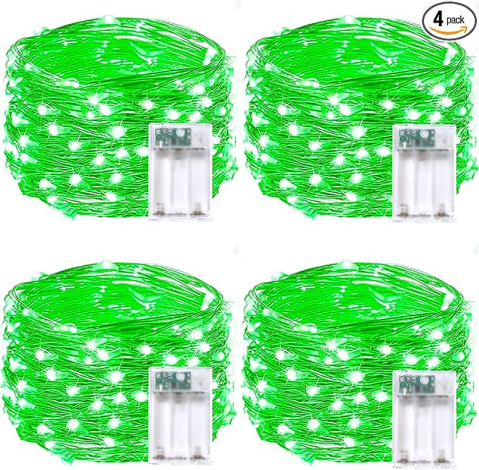 4 Pack 20FT 60LED St Patrick’s Day Battery Operated Fairy Lights with Timer, Waterproof Battery String Lights Outdoor Indoor, Twinkle Lights for Bedroom Christmas St Patrick’s Day Decorations (Green)