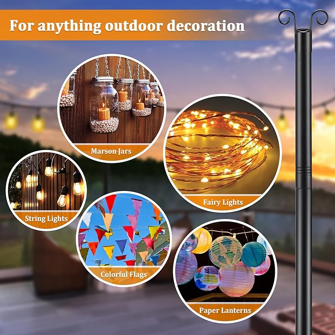 String Light Pole for Ground, 8FT Heavy Duty Adjustable Metal Poles for Outdoor String Light Hanging with Flange Base, Backyard, Garden, Patio, for Party (1 Pcs)