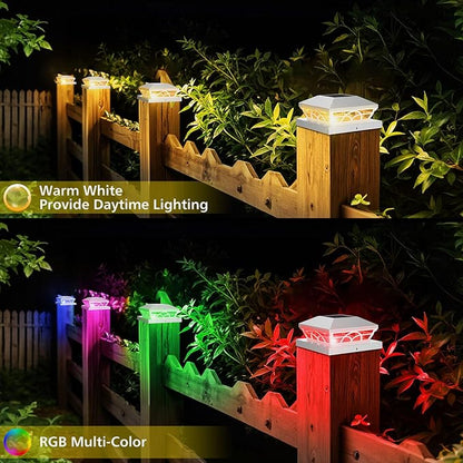 T-SUN Solar Post Cap Lights 6 Pack – Outdoor Waterproof RGB Color Changing Light for 3.5x3.5 4x4 5x5 5.5x5.5 Wood/Vinyl Fence Posts, Solar Deck Lights for Patio, Garden, Porch(White)