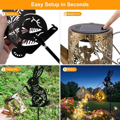 Solar Watering Can Light with Bunny Silhouette Stake & Fairy Design - Cascading LED String Light for Garden Yard Patio Decor, IP65 Waterproof Outdoor Gift for Mom, Women, Birthday, Housewarming