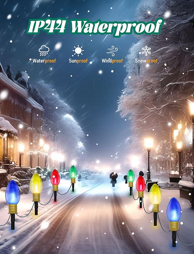 C9 Christmas Multicolor Pathway Lights, 7Ft Outdoor Christmas Pathway Markers Stakes Lights with 4 Jumbo C9 Multicolor LED Bulbs, Connectable Xmas Walkway Light for Driveway Yard Lawn Garden